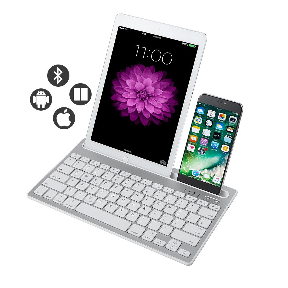 Teclado con Bluetooth para móvil, tableta, PC, portátil, multidispositivo, miniteclado silencioso delgado con soporte para iPad, iPhone, iMac