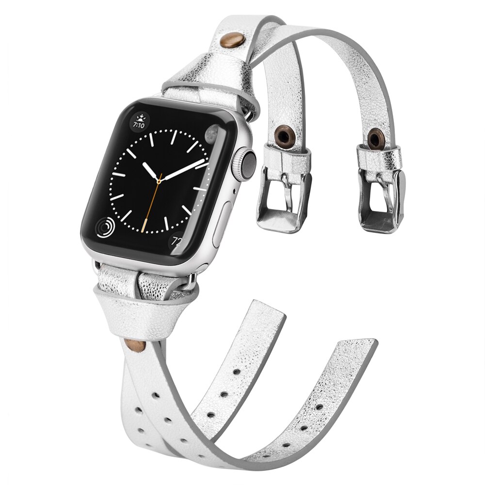 Toyouths dobbel skinnrem for apple watch serie 5 4 3 2 1 stropp for iwatch chic kvinner menn skinn 38mm/40mm /42mm/44mm: Sølv / 38mm 40mm