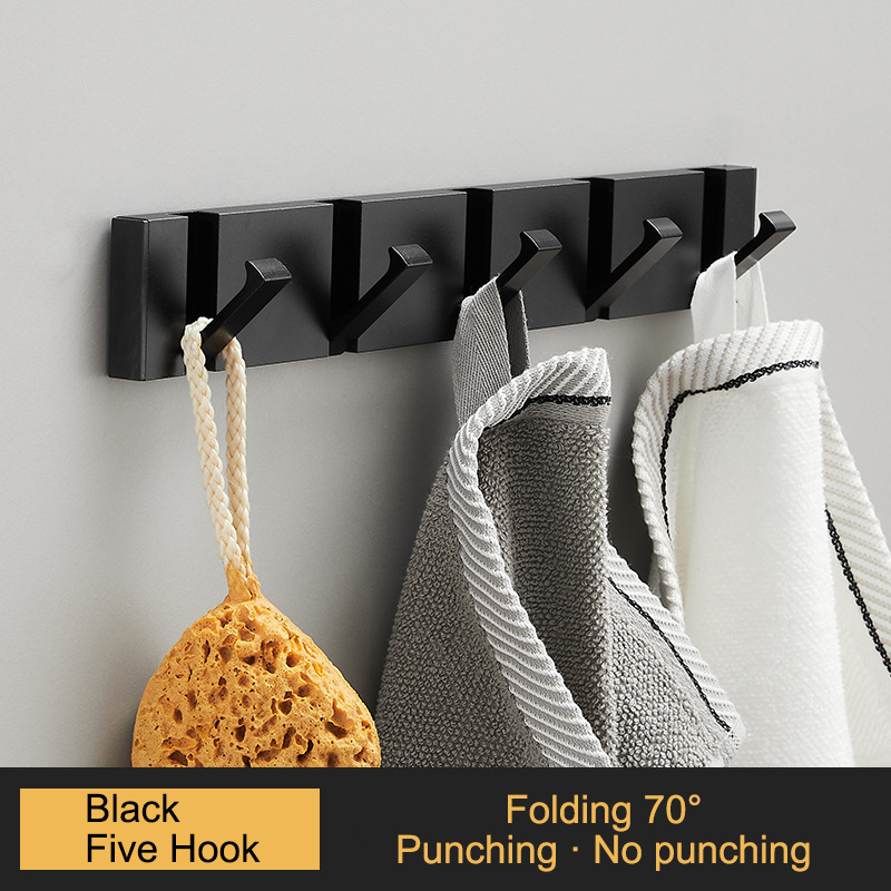 Porte-serviettes pliant Non marquant, sans poinçon, crochets muraux, porte-vêtements, pour salle de bains, cuisine, chambre à coucher, couloir: All Black 5 Hook 70