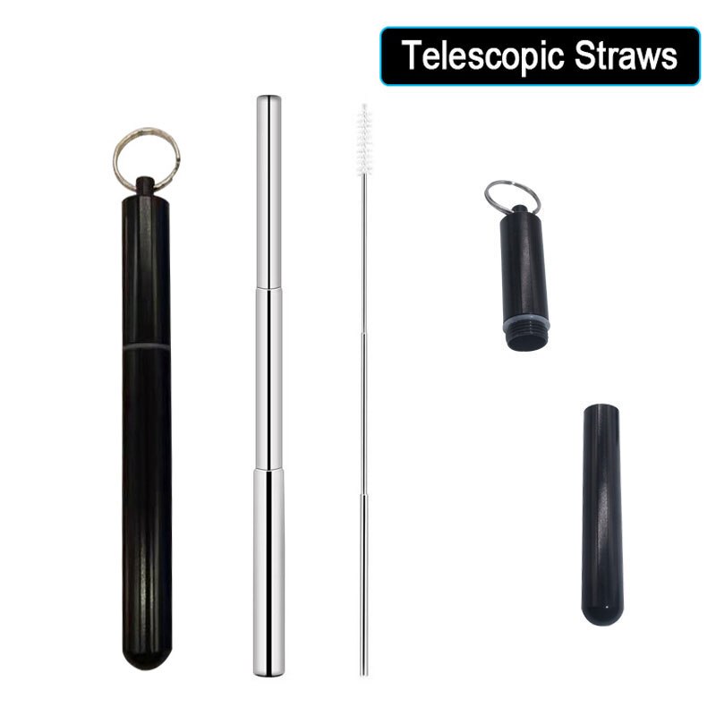 Reusable Stainless Steel Straws with Aluminum Keychain Case Cleaning Brush Collapsible Telescopic Portable Drinking Straws: Black