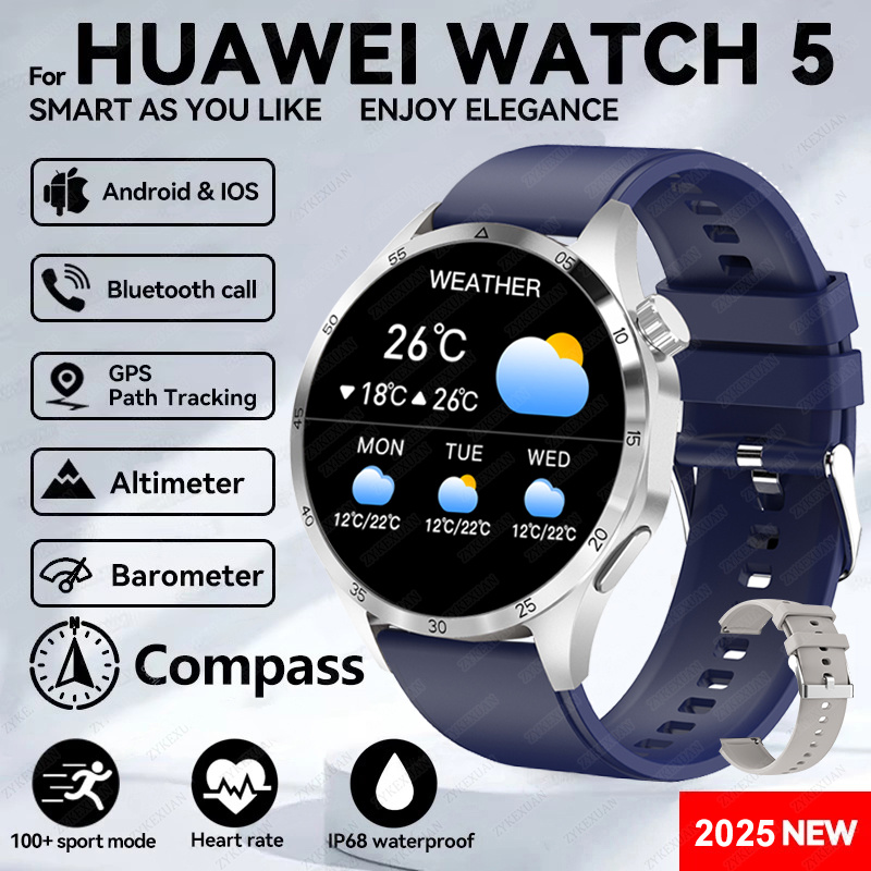 2025 novo para huawei relógio 5 pro relógio inteligente masculino tela amoled nfc gps bússola freqüência cardíaca à prova dwaterproof água bluetooth chamada smartwatch: Vermelho