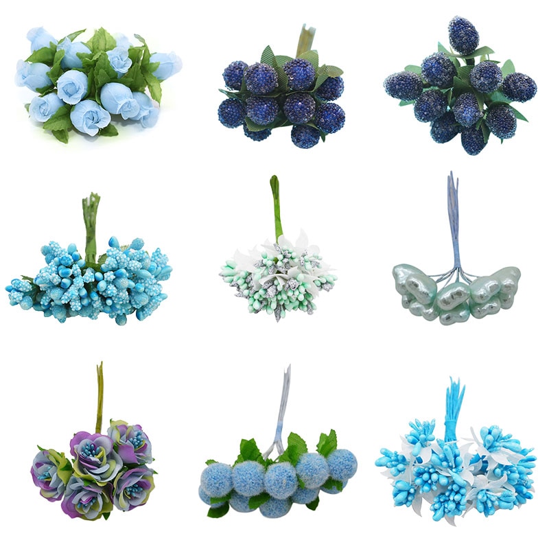 Mini blandet blå kunstige planter blomster kirsebær støvdrager bær buket kasse diy krans jul bryllupsfest deco forsyninger