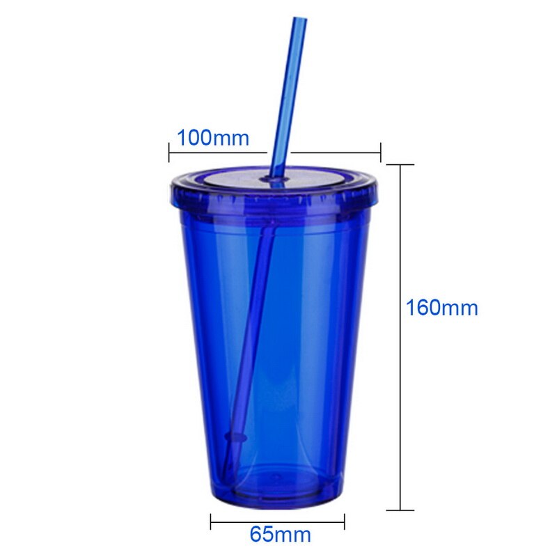 160oz Milk Tumbler with Dome Lids Double Wall Plastic Drink Cups With Straw Reusable Clear Water Bottle Transparent Fruit Cup: Blue-500ml