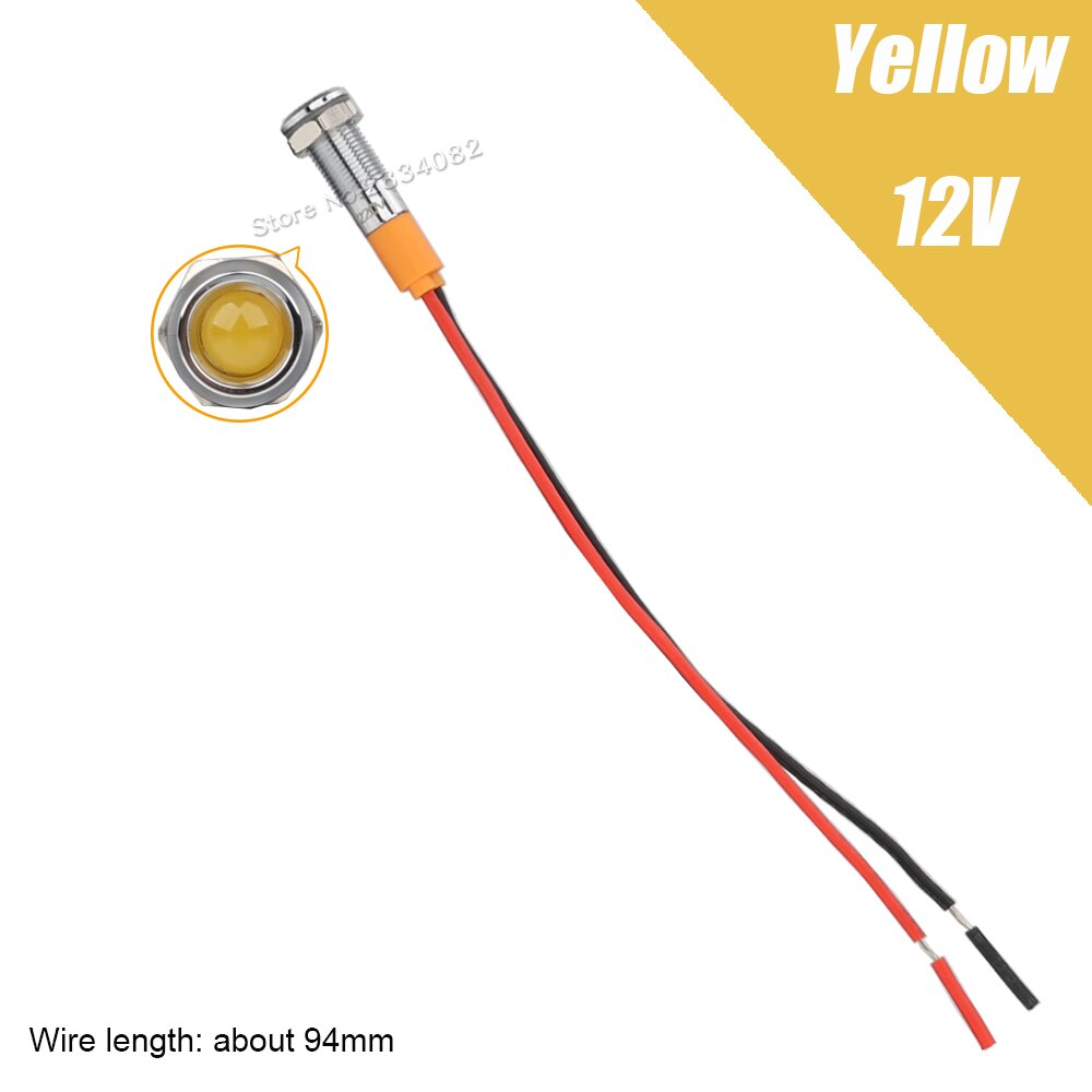 6mm Metal Indicator light LED Signal Lamp Warning light with Wire 6V 12V 24V 220V 110V Red yellow green blue white Waterproof: 12v Yellow