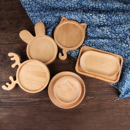 Plateau en bois japonais en bois enfants dessin animé assiette à dîner solide plat rond en bois gâteau pain dessert assiette de fruits