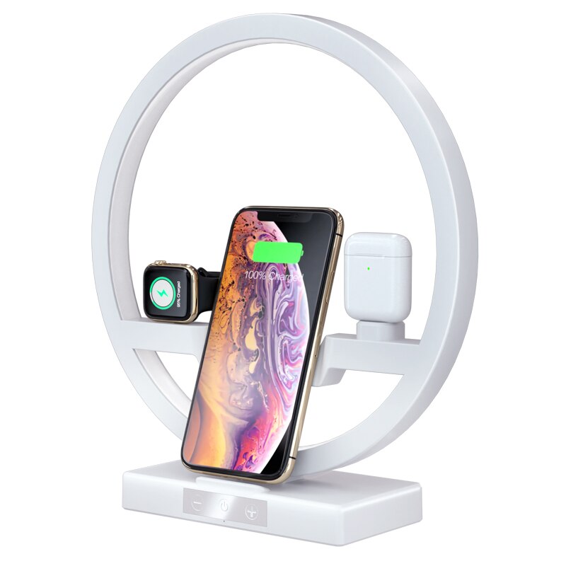 4 In 1 Qi Snelle Draadloze Oplader Dock Station Voor Airpods Iphone 11 Pro Max Apple Horloge 2 3 4 opladen Houder Touch Dimmen Lamp