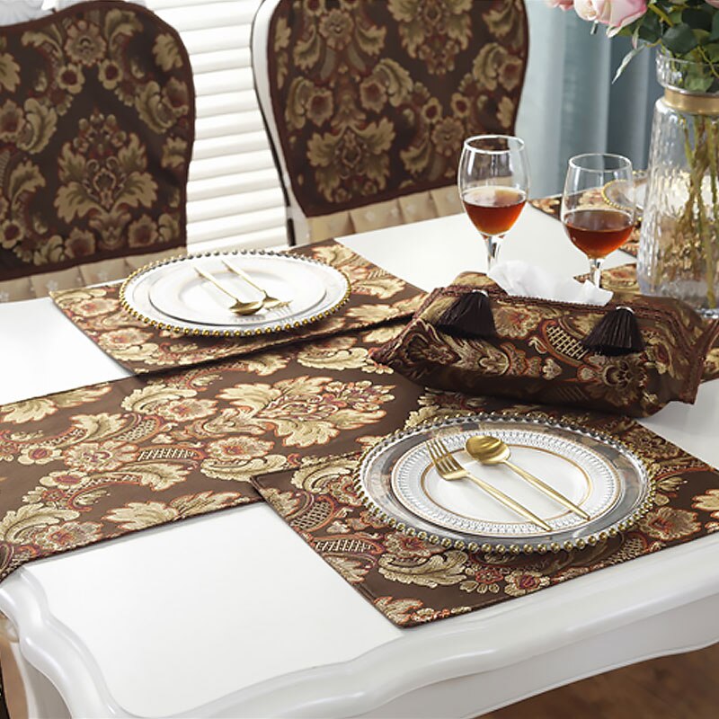 Eurooppalainen klassinen jacquard-tabletti kodin ylellinen kangas kulho matot lasinalus ruokapöytä sisustus länsimainen ruoka lämmöneristys pöytämatot: Ruskea ilman pitsiä