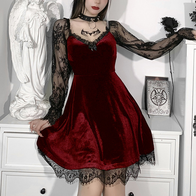 E-girl – Mini robe gothique noire Grunge, garniture en dentelle, taille haute, moulante, Y2K, Vintage des années 90, Punk, Harajuku, vêtements Lolita