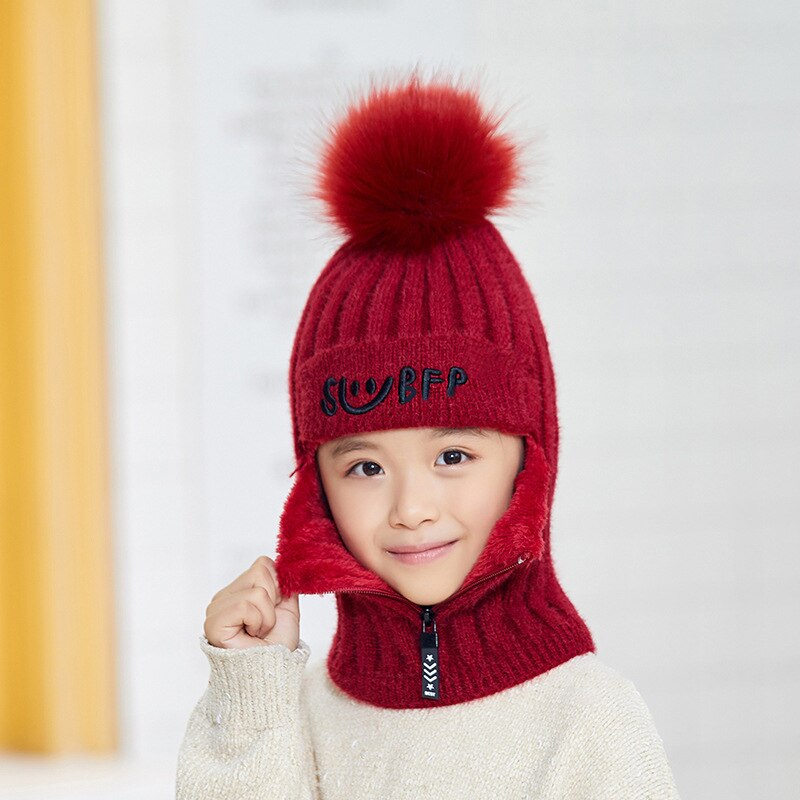 DIHOPE 2 pièces tricot bonnet chapeau et écharpe ensemble Hairball pompon chapeaux femme épais hiver mignon filles lettre Smiley fermeture éclair chapeau
