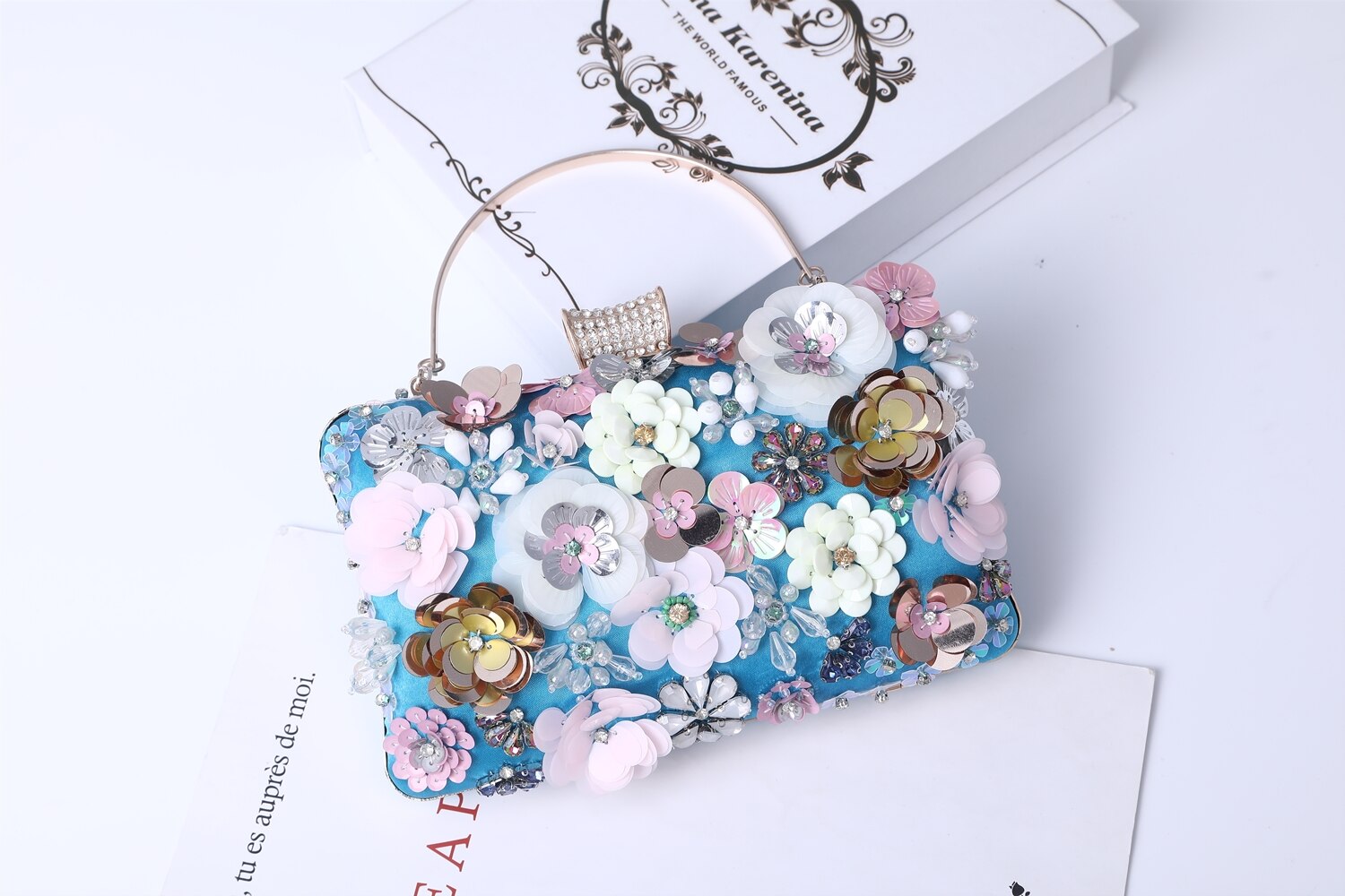 Womens Bloemen/Kristal Strass Koppeling Purse Meisjes Avondtasje Avond Handtas Voor Bruiloft Prom Banket Party: Blue