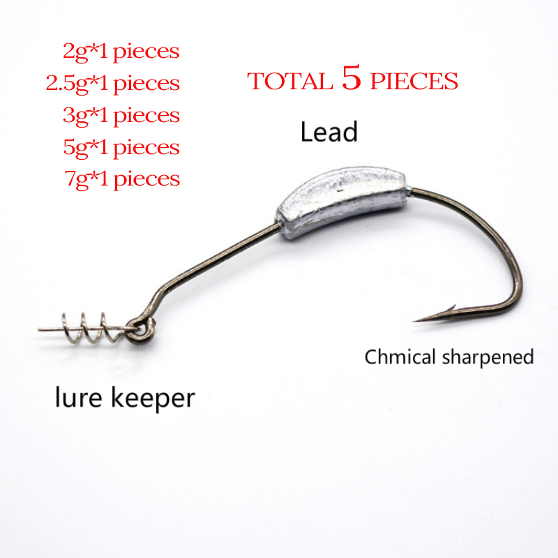 5pcs/lot fishing hook with lead bait keeper holder weight 2g 3g 5g 7g Lead sinker crank hook tackle set high carbon fishhooks: SET