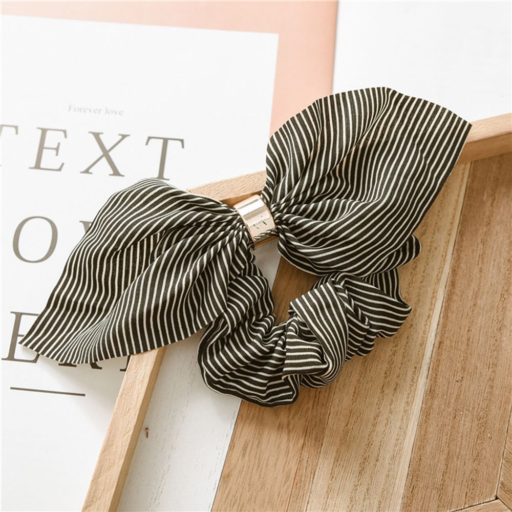 1 stk kanin øre hår scrunchies til kvinder elastisk gummi hår reb stribet gummibånd til piger metal ring slips: Sort