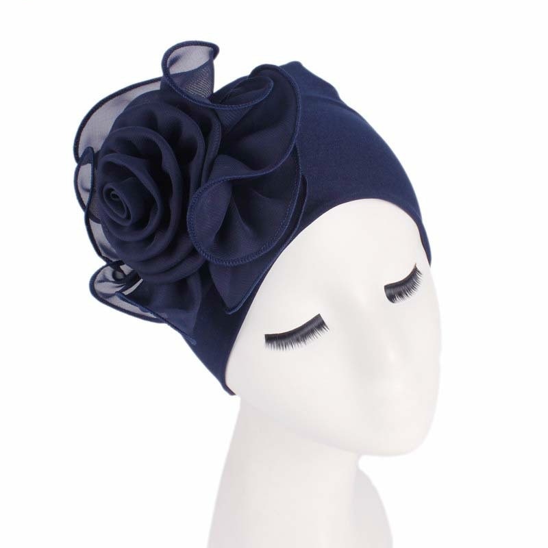 Vrouw Mooie Bloem Tulband Elastische Doek Hoofd Cap Hoed Moslim Vrouwen Hijaabs Dames Haar Accessoires Sjaal Cap: Marineblauw