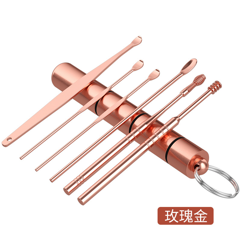 Öronpetare i rostfritt stål bärbar öronpetare 6 delar set öronrengörare dubbelfjäder öronplockningsverktyg öronvax borttagningsverktyg öronvård: Es2- roséguld tk -6 st