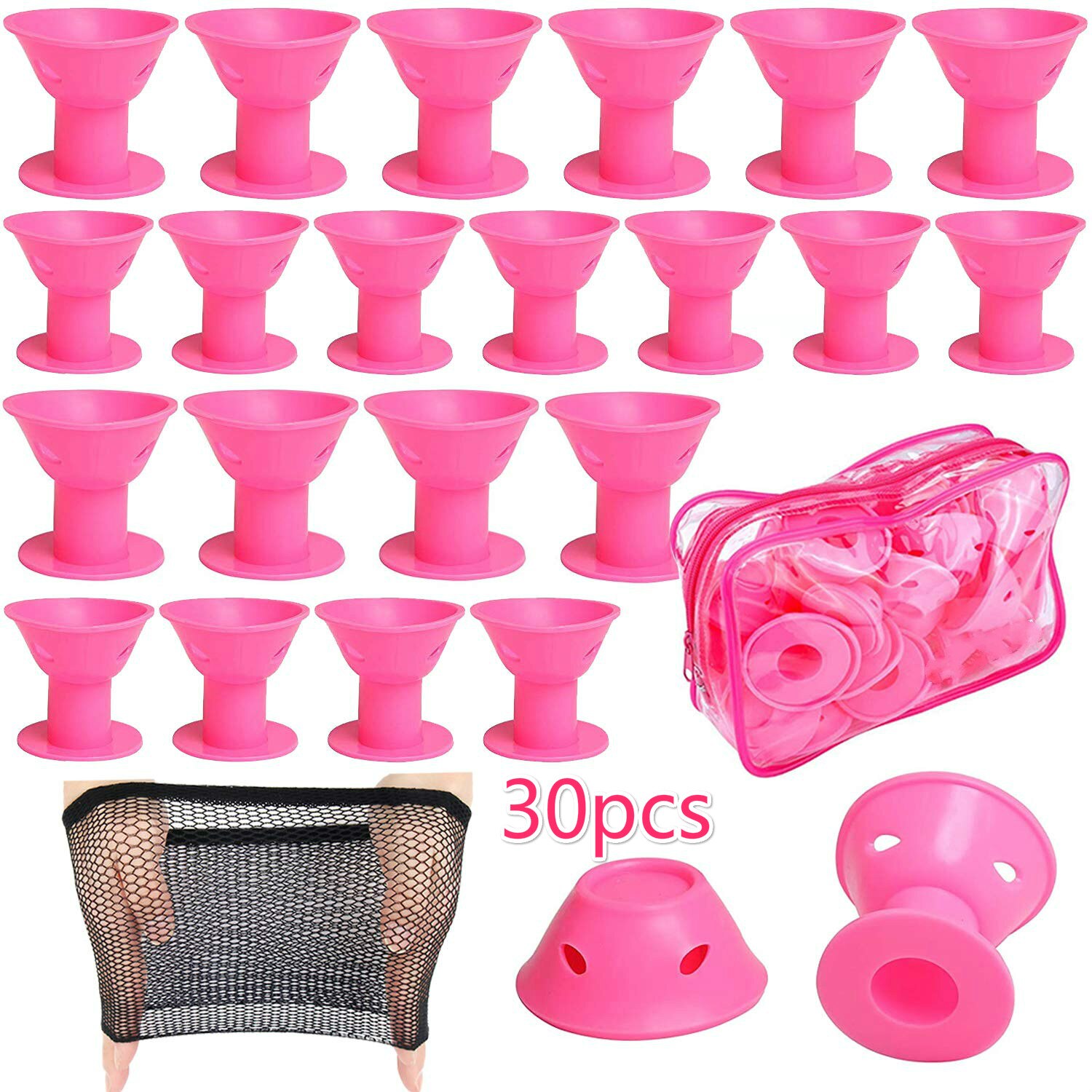 60 Stck Haar Rollen Silikon Blau Rosa Haar Lockenwickler einstellen Weiche Gummi Magie Haar Curler Modeler Heatless Haircurlers: Rosa 15 groß 15 klein