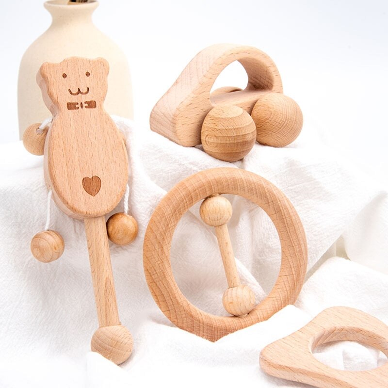 5Stck Baby Holz Rasseln Spielzeug BeißRing Hand Glocke Früer Pädagogische Musik Spielzeug DXAD