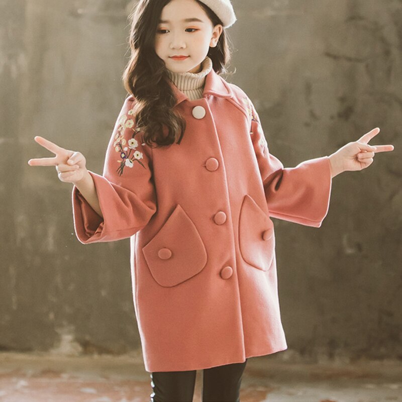 Korean Winter Overcoat Woolen Coat Baby Girls Warm Thickening Tops Lapel Flower Pattern Kids Children Outwear Clothing: Pink / 3T