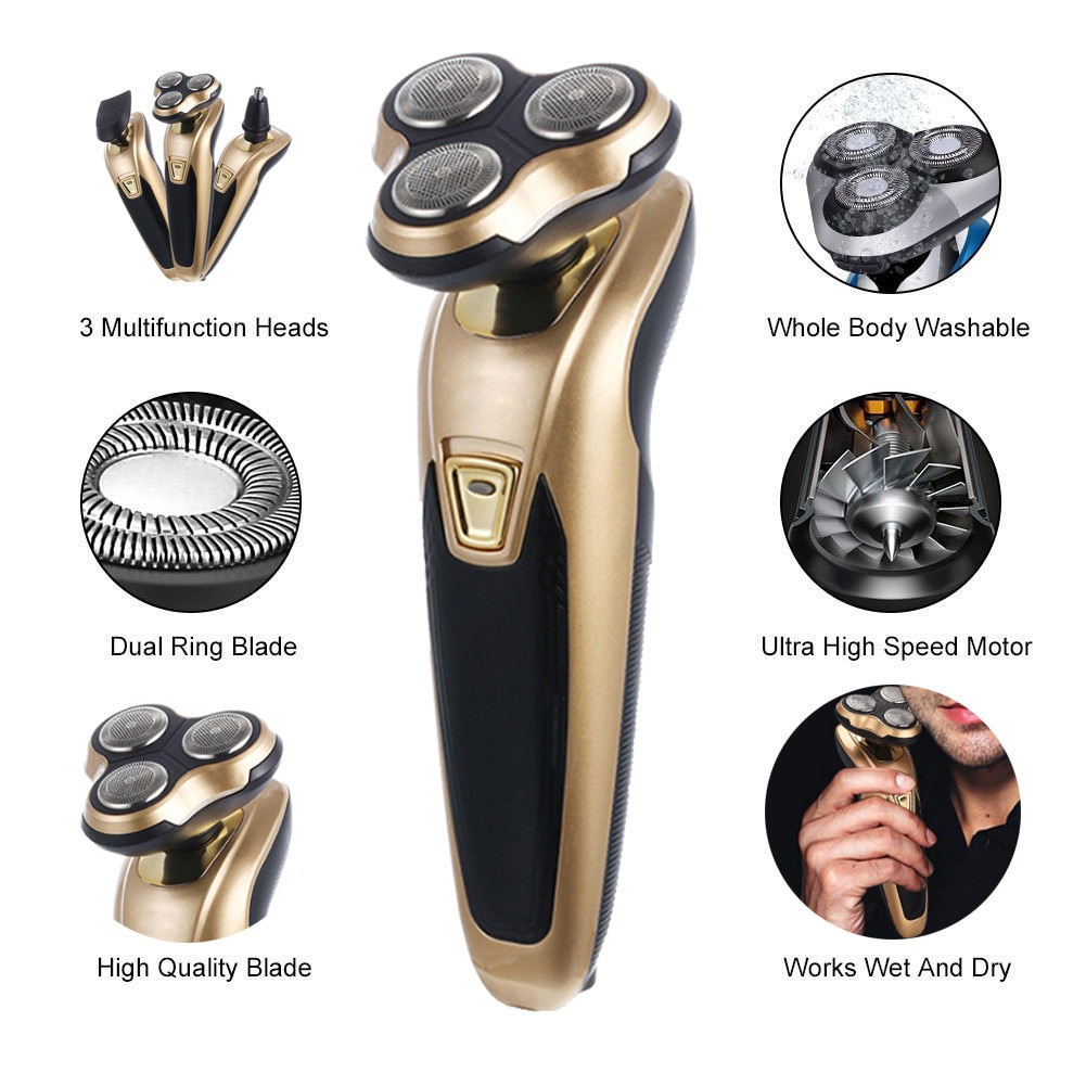 Electric Rechargeable Electric Beard Trimmer Shaving Wet and Dry 3 in 1 With Nose Waterproof Men Beard Razor: Default Title