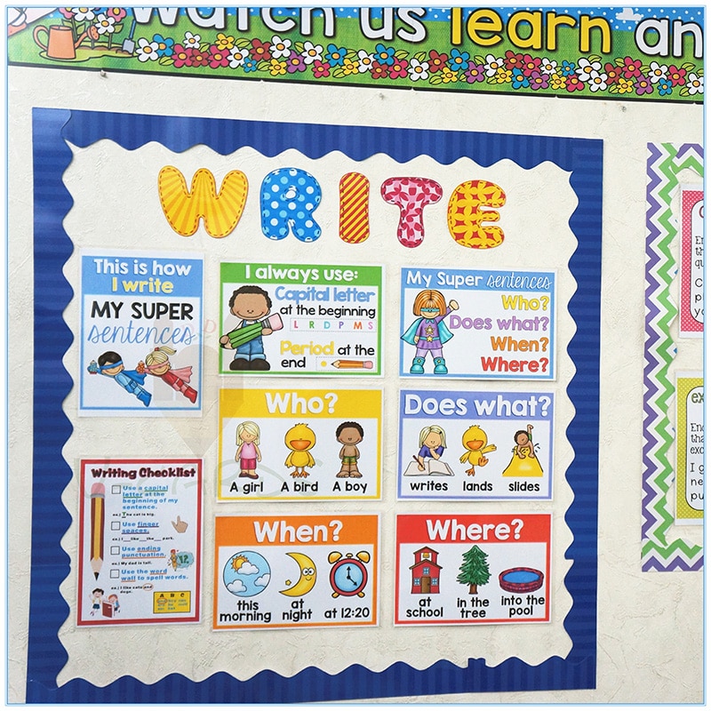 8pcs A4 Size Educational Posters How I Write Poster English Flash Cards Sentence For Kids Classroom Decoration Wall Sticker