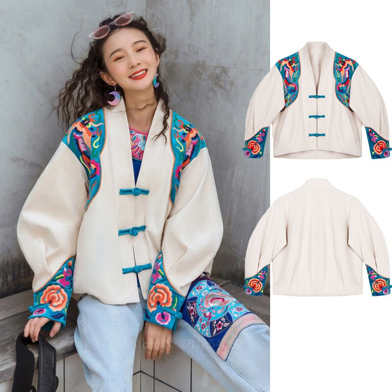 Chinese Traditional Style Tang Suit Women Oriental Retro Loose Long Sleeve Print Hanfu Coat Jackets Lady Tops