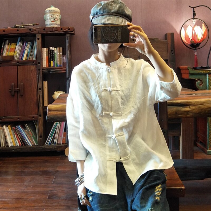 Tang Suit for Ladies Summer Chinese Retro Style Thin Flax Long Sleeve Soft Solid Color Cardigan Tops Casual Clothing