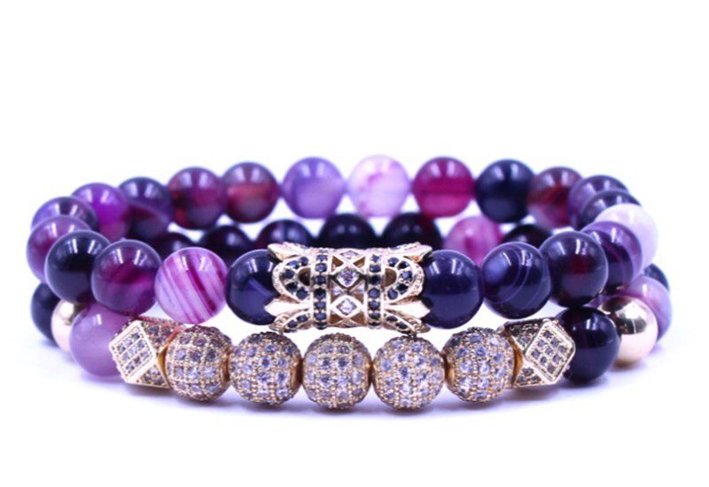 8mm 2 stks/set xgfr2432 goud elastische aangepast natuur Paars bead micro pave cz zirkoon zirconia tube Armband Sieraden