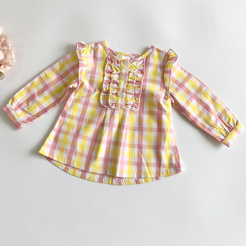 Camicia per ragazze a quadri rosa/gialla camicetta per bambini per bambini primavera proprietà abbigliamento per ragazze camicia per bambini camicia in pizzo principessa neonato: giallo / 0 to 6Months