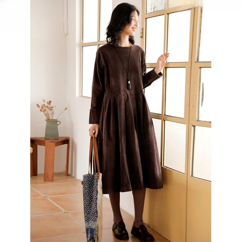 Artistic Corduroy Dress Autumn Women's Long Sleeve Medium-length Dress