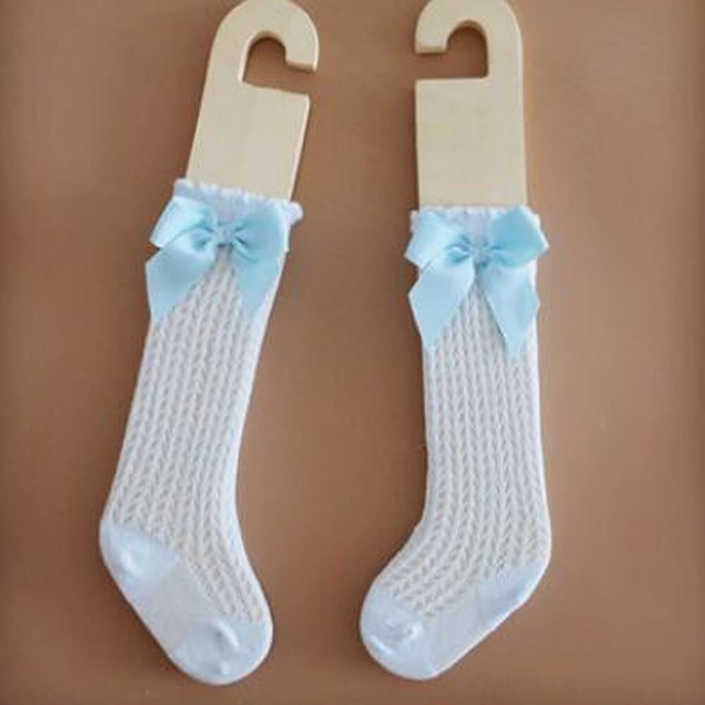 Calcetines altos hasta la rodilla para niños, medias cortas de encaje con lazo, accesorio de princesa: blue mesh bow / Fit 0-1year