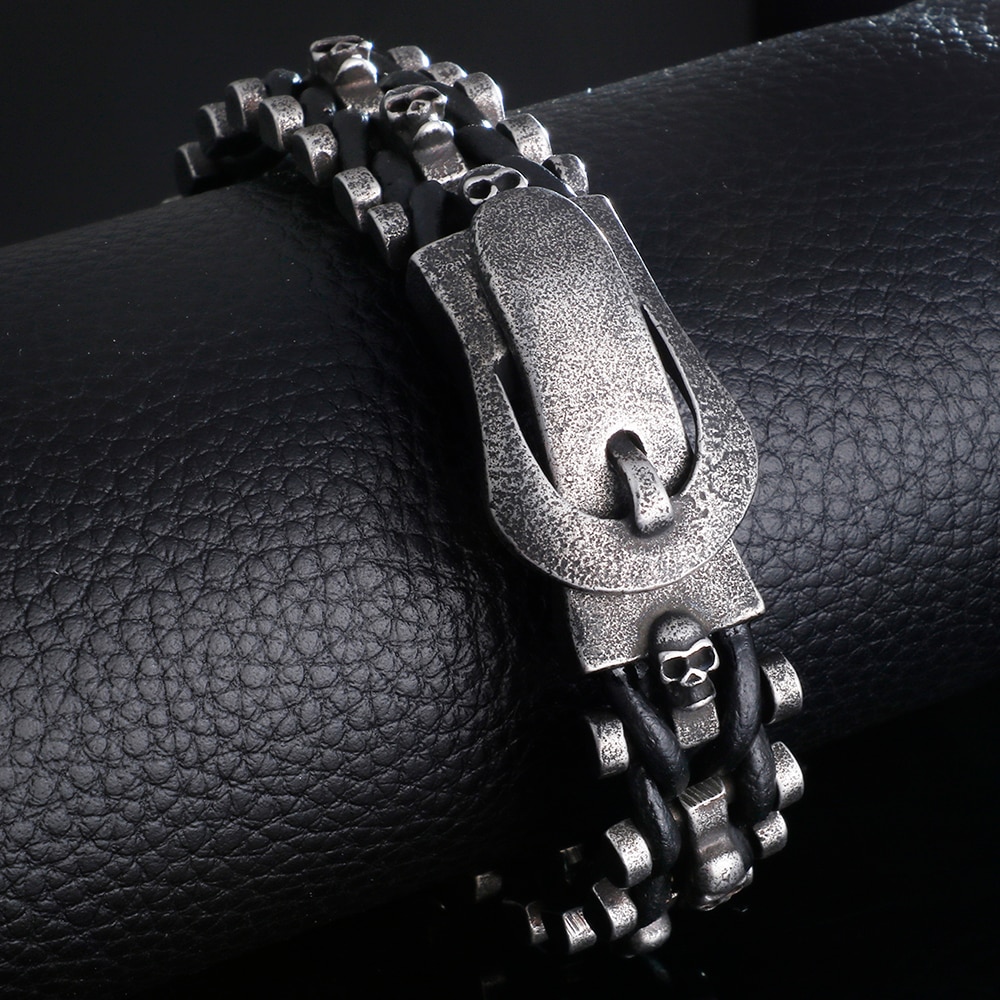 Schädel Armbänder Für Männer Edelstahl Gothic Geist Kopf Leder Armband Männlichen Mit Gürtel Schnalle Armbanden Schmuck Zubehör