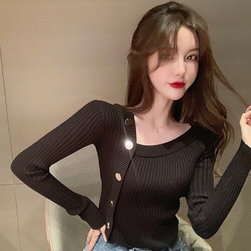 Neploe Autumn Ladies All-match Sweater Single-breasted Knitted Cardigan 2022 Long Sleeve Chic Solid Color Top Women 1F444: black