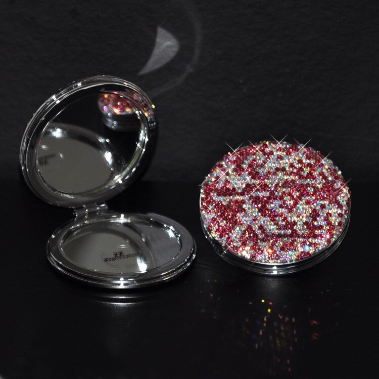 Strass incrustés créatifs petit rabat de miroir de vanité rond pliant Mini miroir de poche de Kawaii miroirs de maquillage: Pink / Single side bling