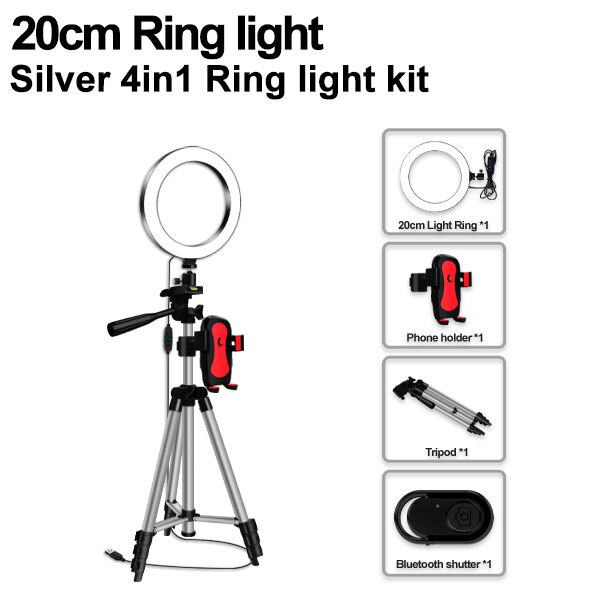 Selfie Ring Lamp LED Ring Light Selfie For Ring Phone Photography Lighting Camera Tripod Kit Photo Equipment Black And Silver: 20cm silver 4 in 1