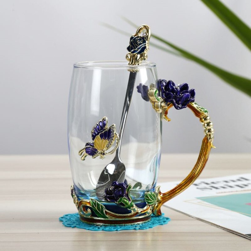 Enamel Glass Cup Tea Water Coffee Cup European Style Crystal Rose Flower Mug With Handle Lid Spoon Drinkware