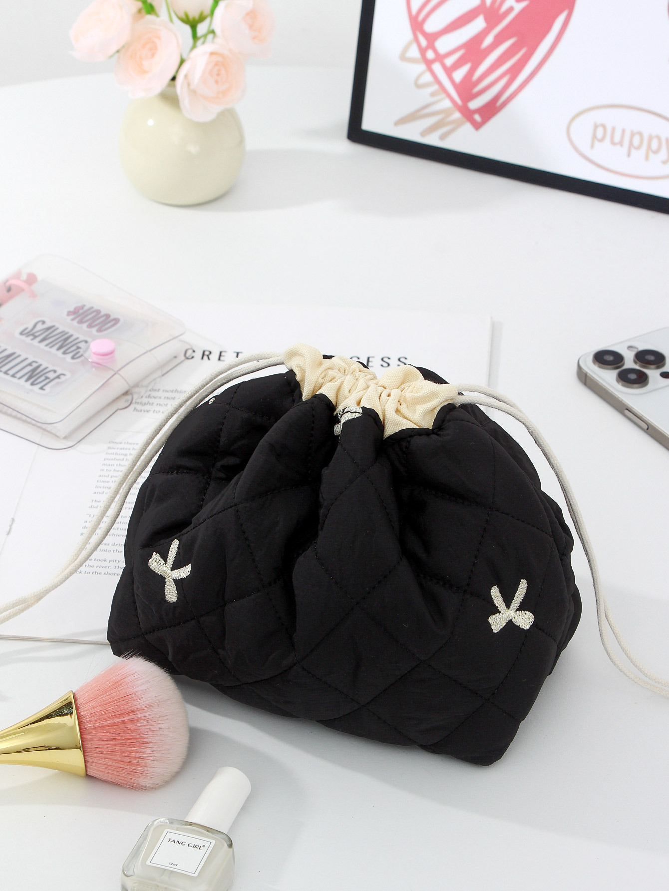 1-delige make-uptas met bloemenkoord en trekkoord, make-uptas voor badkamertoiletartikelen, essentiële make-uptas voor op reis: Black