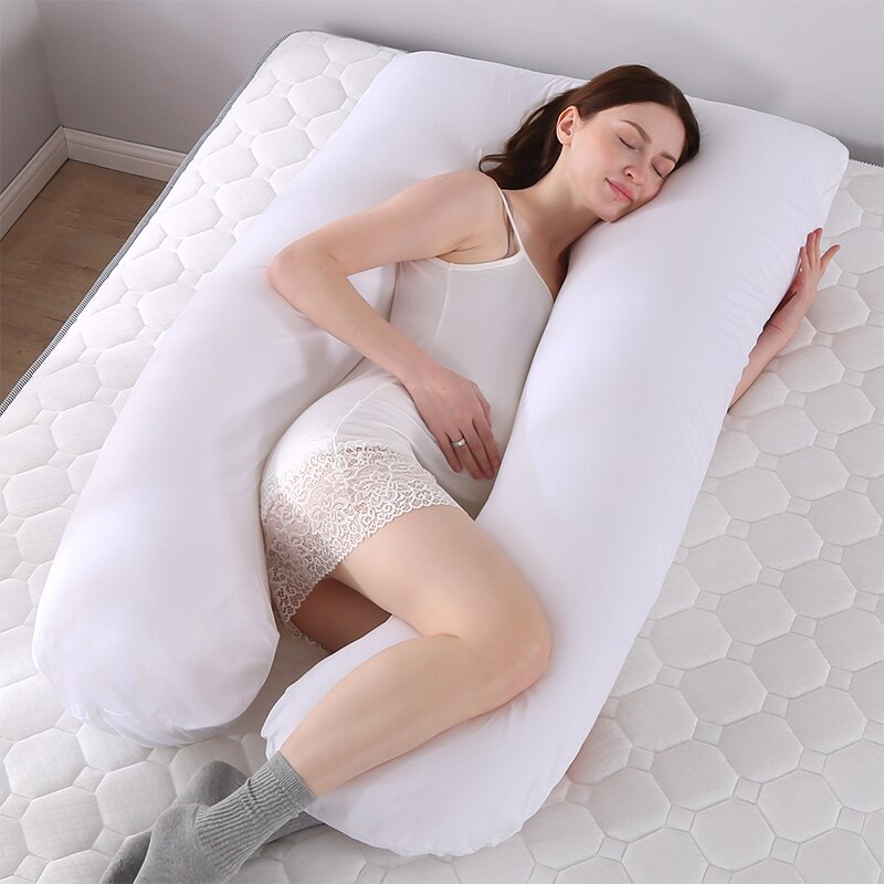 Almohada de apoyo para dormir de algodón para mujeres embarazadas, cojín de maternidad con estampado de conejo en forma de U, para dormir en el lado del embarazo: White
