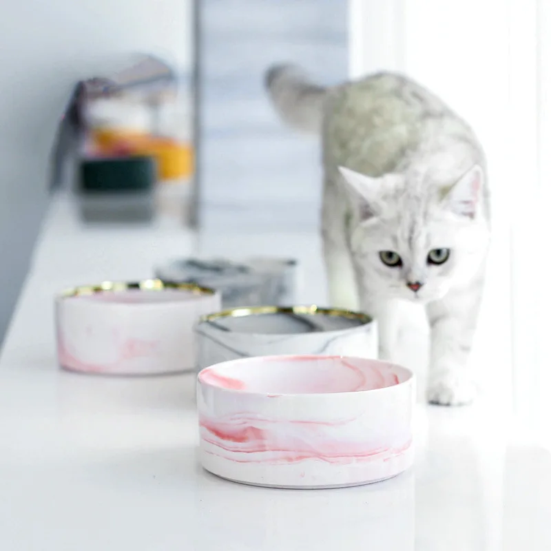 Tigela de cerâmica marmorizada para gatos, com suporte de madeira, tigelas duplas para alimentos, água, cachorros pequenos, suprimentos de alimentação elevados