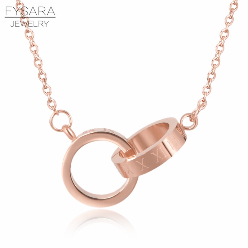 FYSARA Classic Brand Love Two Circle Double Buckle Necklace Roman Numeral Flower Clover Necklace Stainless Steel Gold Clavicle