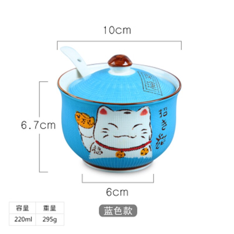 Tanque de condimentos de cerámica con forma de gato de dibujos animados japoneses, cuchara de cerámica, salero, tarro de especias, accesorios de cocina, caja