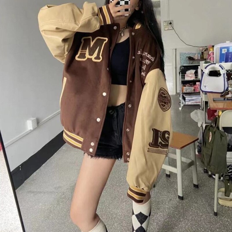 Chaqueta básica de béisbol Cyber Y2k para hombre y mujer, ropa de talla grande, ropa de primavera y invierno, color marrón, Vintage americano