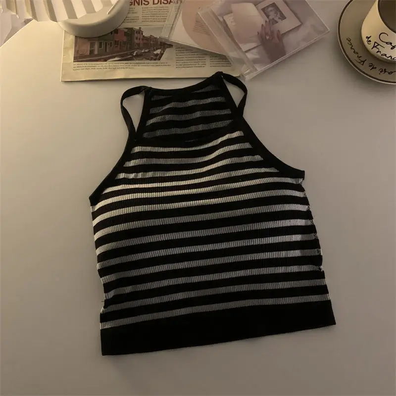 Camisetas sin mangas para mujer versión coreana, Top corto informal liso con almohadilla en el pecho, ropa exterior sin mangas a rayas, camisola básica: Lavanda