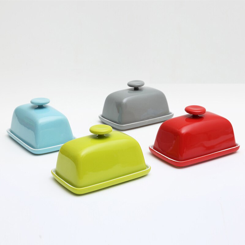 Caja de cerámica para platos de mantequilla de 6 pulgadas, caja de dulces/pastel/bandeja con tapa, con mango de diamante, negro