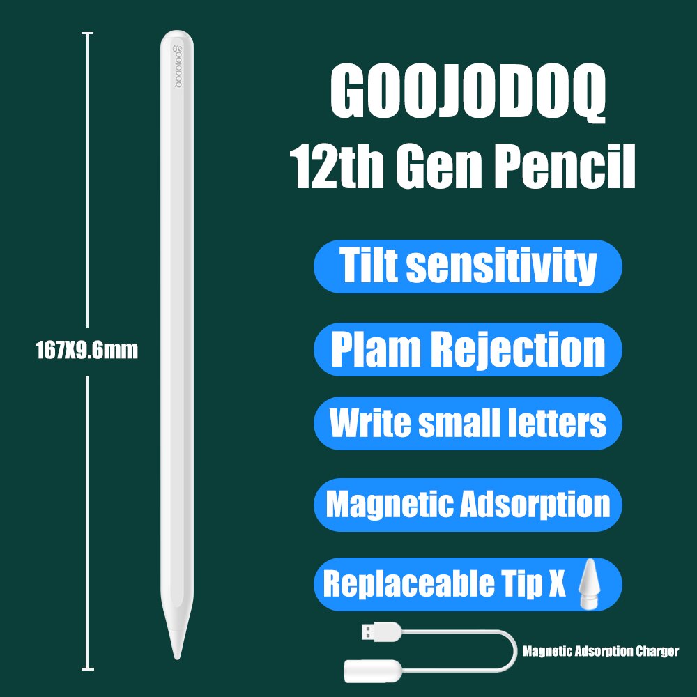 GOOJODOQ 12th Gen Pencil For iPad Pencil Palm RejectionTilt for Apple Pencil 2 1 iPad Pro 11 Air 4 7th 8th Pencil: 12th 1 Tip