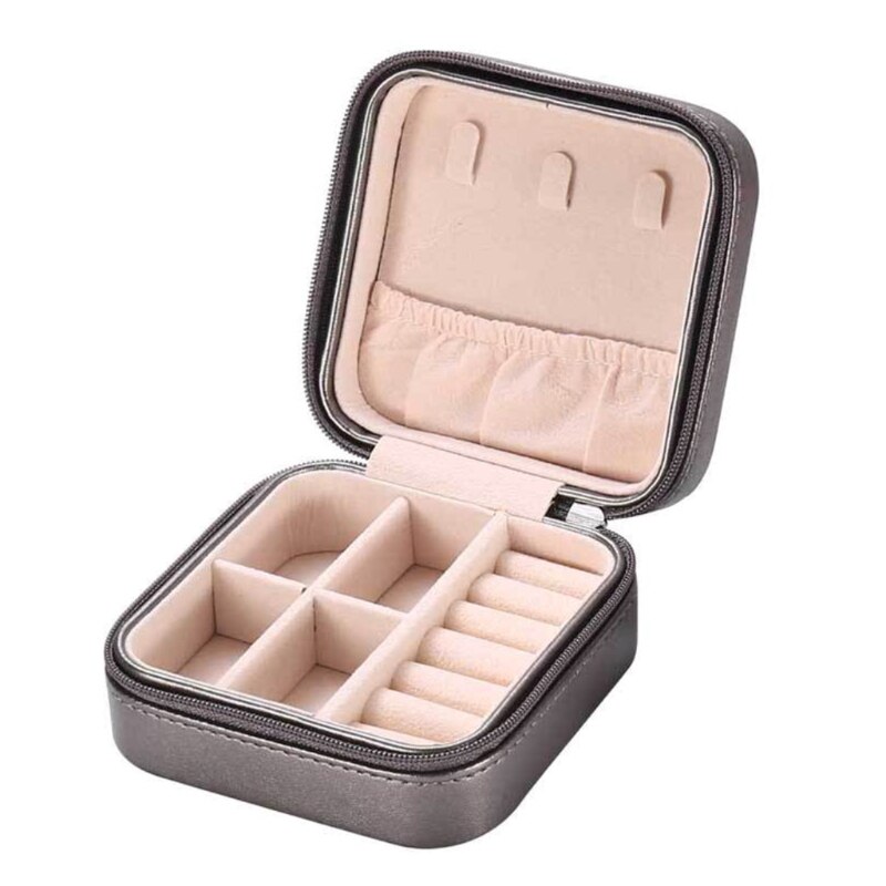 Protable Travel Leather Jewelry Box Organizer Display Earrings Ring Necklace Jewellery Zipper Storage Case Women Girls: Coffee
