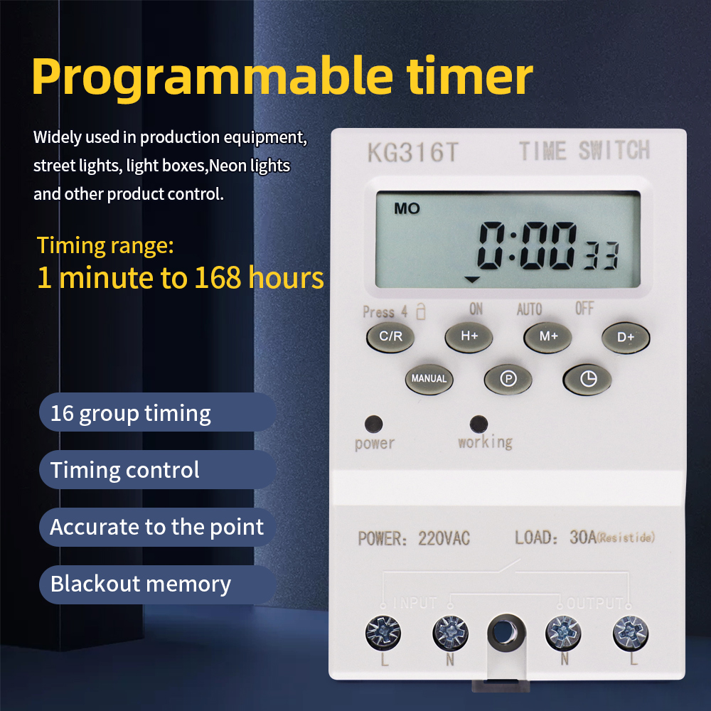 Automatisk elektronisk timer relæ 220v 25a ugentlige 7 dage minutter sekunder 168 timer tidsstyring programmerbar timer: Grå
