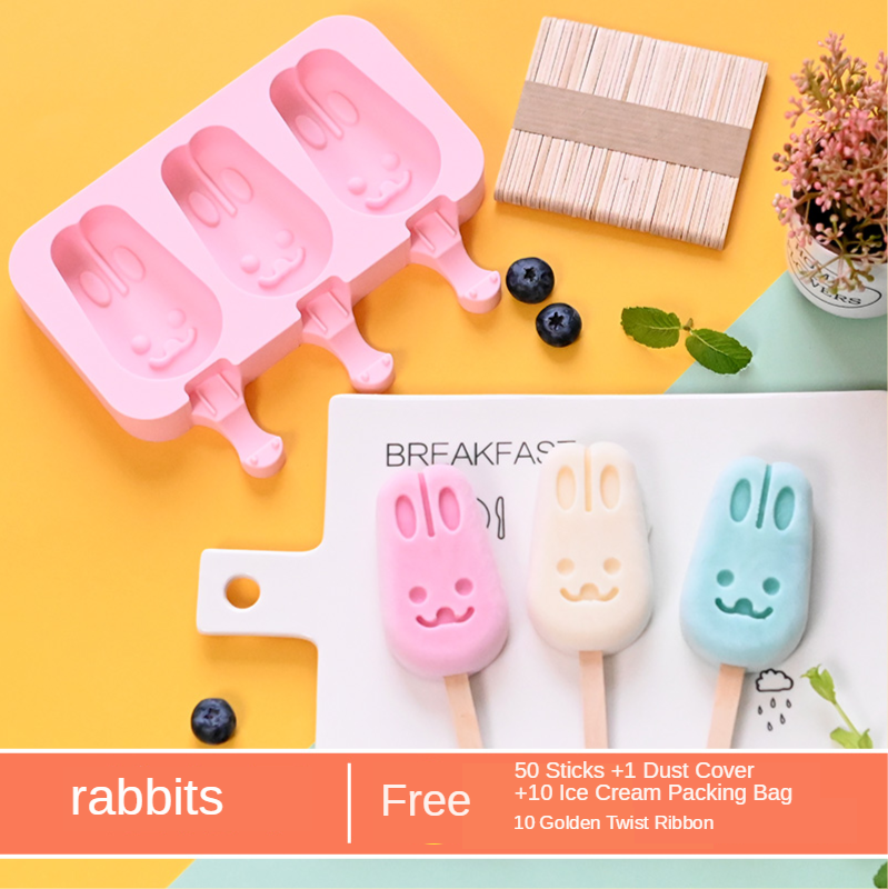 Cute DIY Ice Cream Mold Kit with 50 pcs Wood Sticks Food Grade Silicone Ice Tray Ice Cream Maker for Kitchen Supplies: C-50sticks