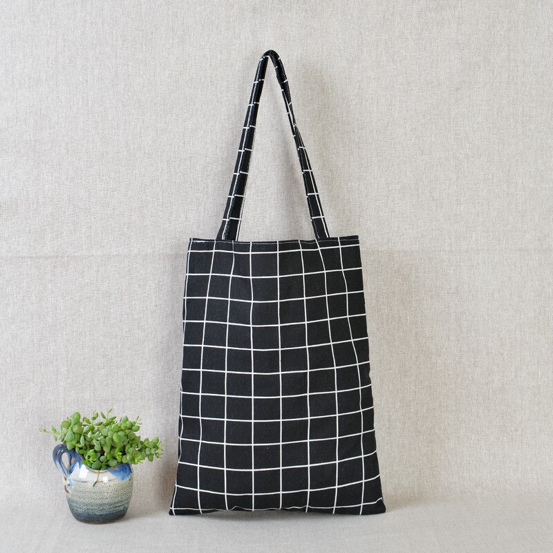 Sac à bandoulière en coton pour femmes, sac de Shopping Durable, fourre-tout à carreaux en toile de lin, sacs de Shopping à la ,: Black