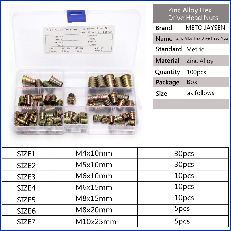 100 stuks zinklegering  m4 m5 m6 m8 m10 zeskant aandrijfkop moeren zinkmoerenset houten meubels meerdere maten verzinkte moeren assortimentset: Default Title