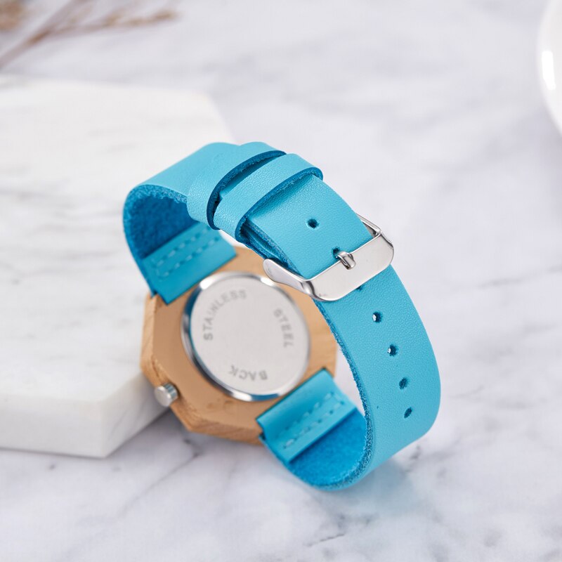 Imiteret træ kvarts ur mænd kvinder træ ure blå skive sekskant urkasse ure læder band par elsker håndled