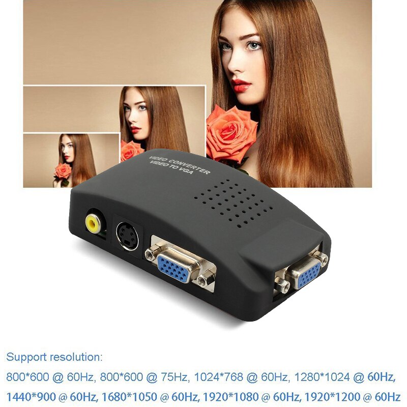 Video to VGA Converter with S-Video AV VGA In VGA Out Switch Mini Box for PC Laptop LCD TV Monitor CCTV Camera DVD Player